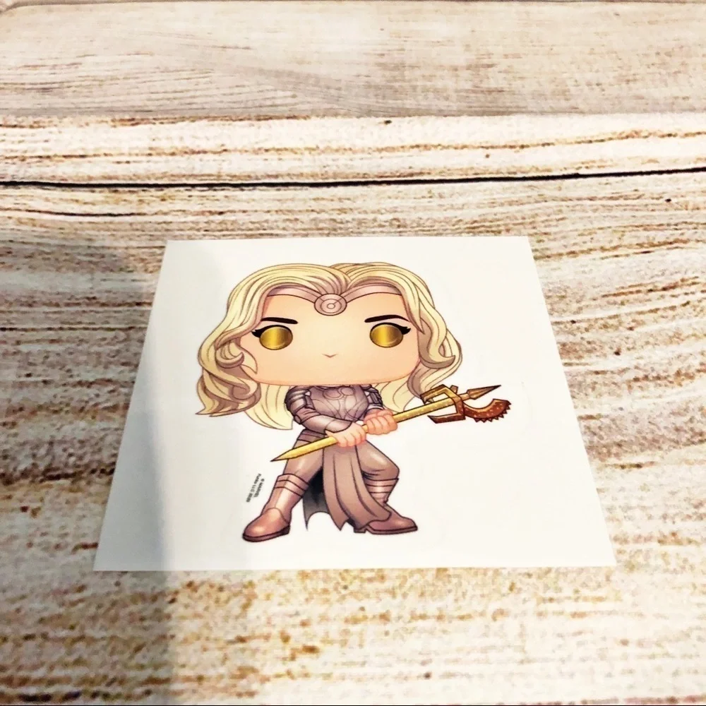 New Marvel Collectors Corp Exclusive Eternals Thena Sticker and Domo Pin - Picture 2 of 5